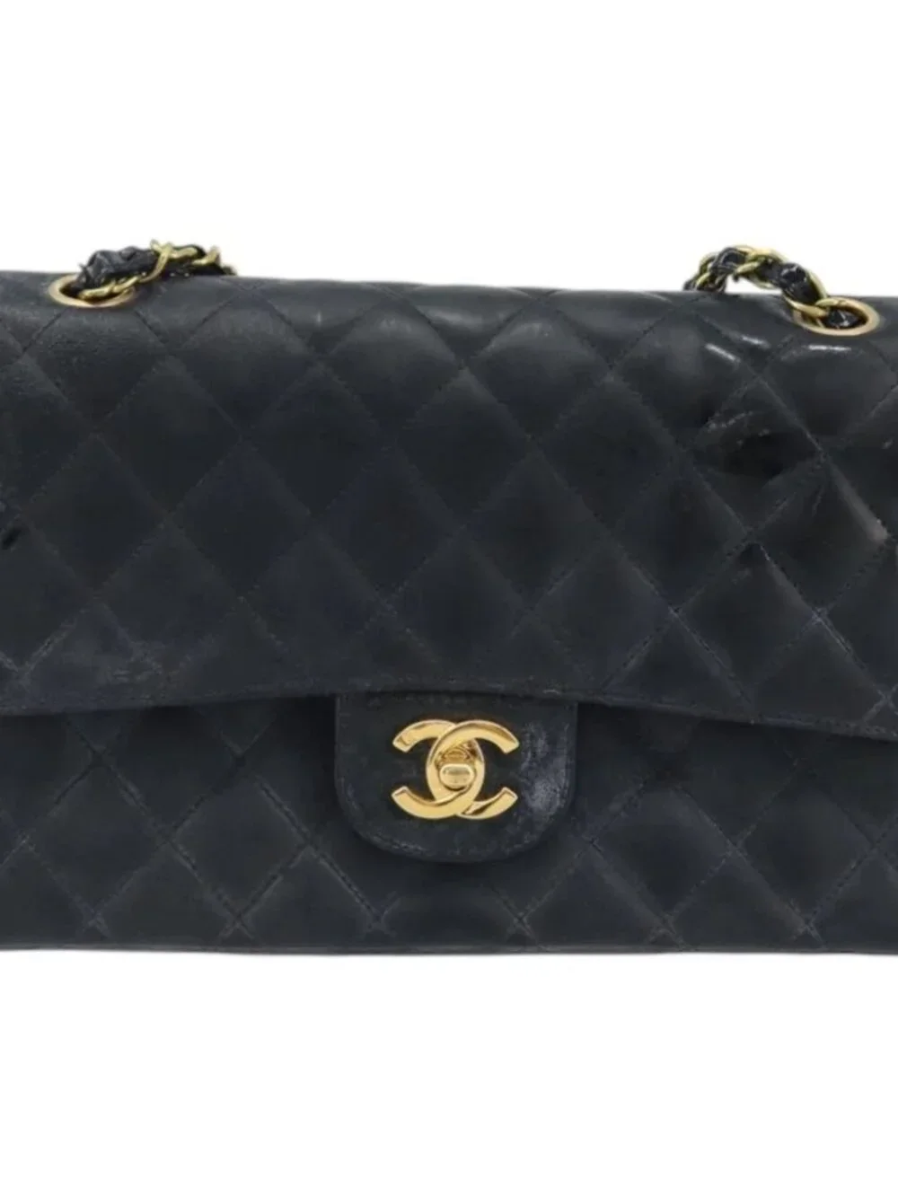 CHANEL Matelasse Chain Shoulder Bag Leather Black Gold CC Auth 88183